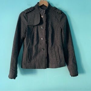 GAP Military Wool Charcoal Blazer Jacket 4 Ruffle Trim Epaulettes Tweed Rare